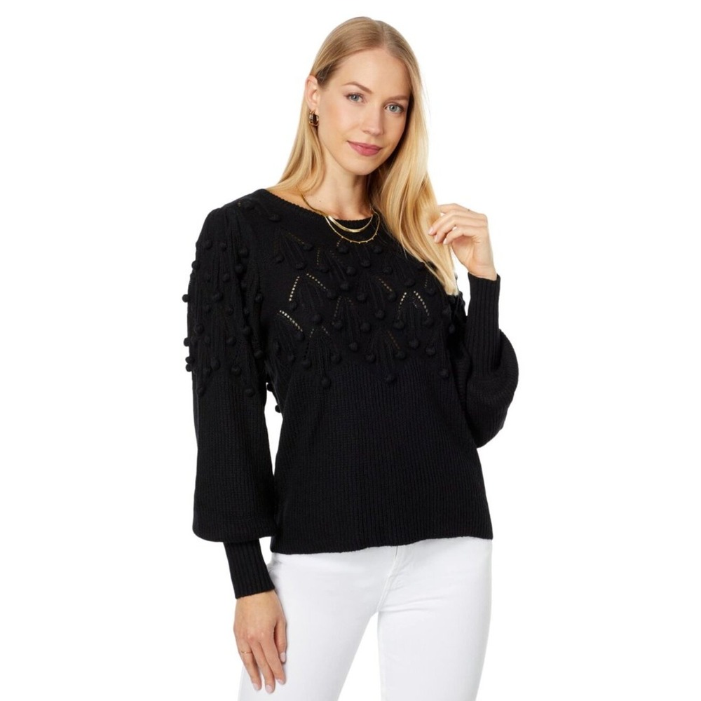 Lilly Pulitzer Neuve Black Puffy Sleeves Sweater Small Pom Pom Pointelle